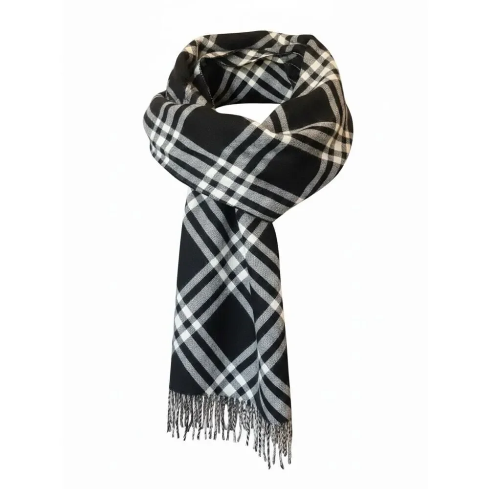 NWT Burberry Black White & Gray 100% Wool Oversized Signature Check Scarf Auth